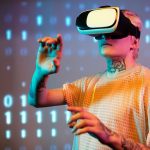 A young man interacts in virtual reality wearing a headset with a digital binary background. — How to diagnose laptop screen