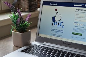 A Lenovo laptop displaying Facebook login beside a lavender plant indoors. — Social Media: Marketing Considerations for Small