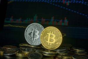 Bitcoin coins on stacked currency with financial graph, symbolizing market trends and investment. — Social Security payments: