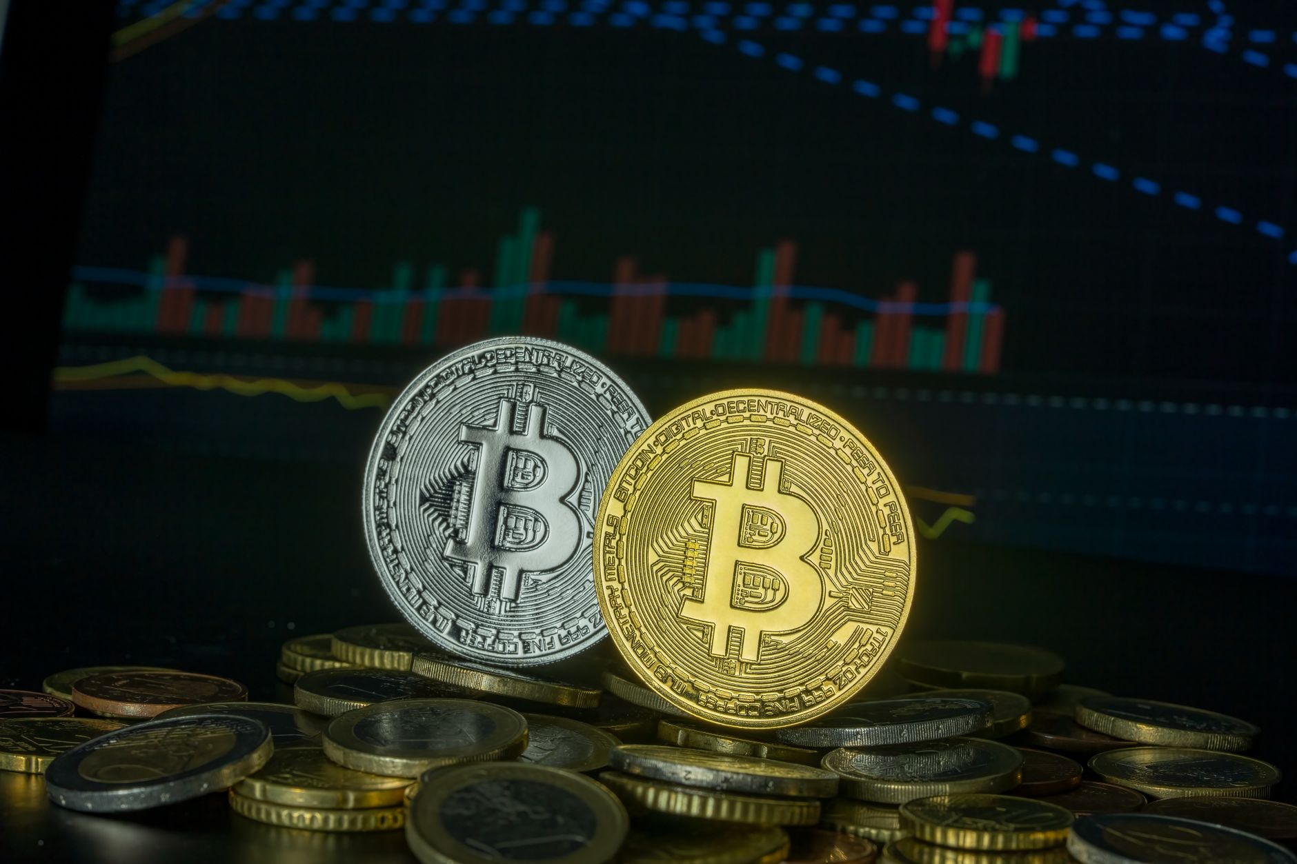 Bitcoin coins on stacked currency with financial graph, symbolizing market trends and investment. — Social Security payments: