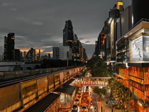 Cityscape at twilight showing busy traffic, skyscrapers, and an elevated train line in an urban setting. — "The Mental Health
